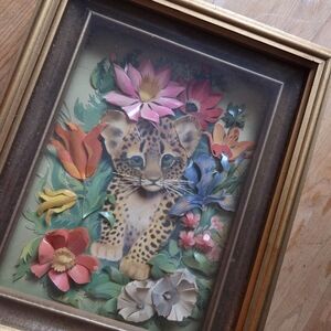 Vintage 90s Handmade Paper Tole 3D Leopard Floral Jungle Art Frame 8x10